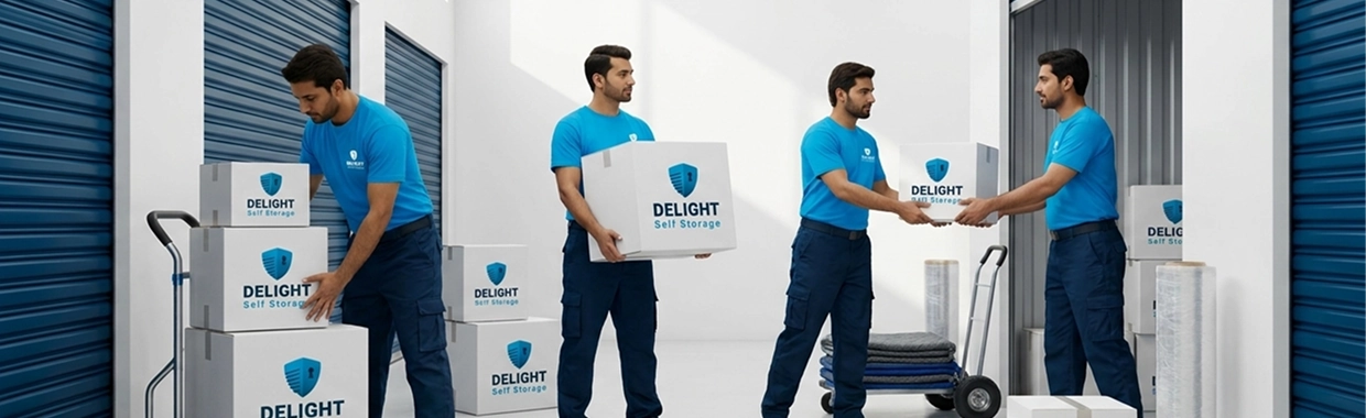 Delight Self Storage Dubai personal storage collection team packing household items with storage-grade materials