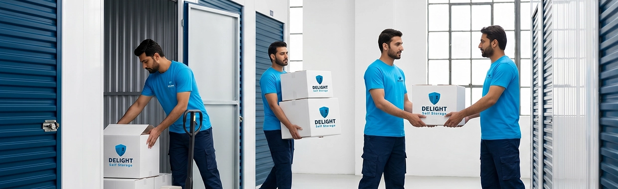 Delight Self Storage Dubai warehouse loading bay with forklift handling palletized inventory